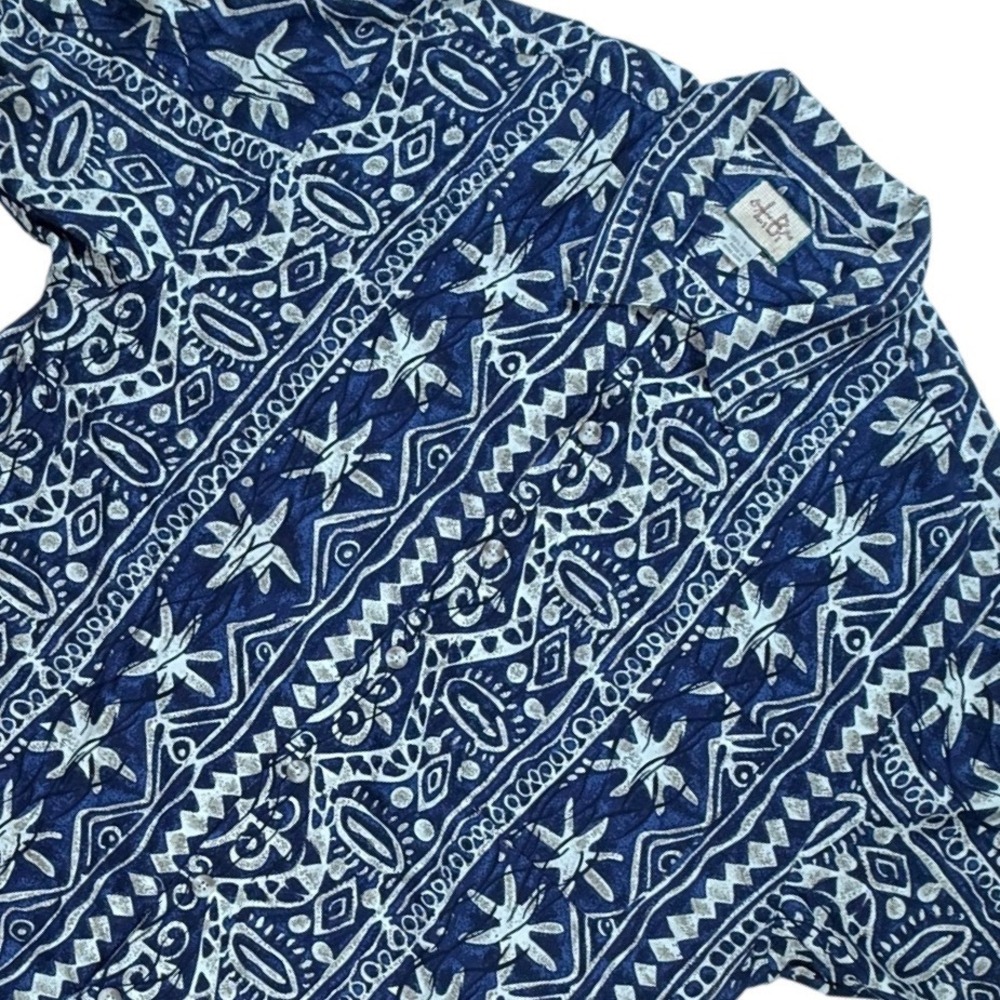 Linguine and Bob Mens Large Rayon Button Down Shirt Navy Tribal Geometric Print